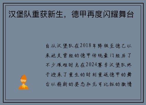 汉堡队重获新生，德甲再度闪耀舞台