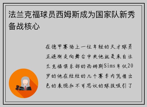 法兰克福球员西姆斯成为国家队新秀备战核心